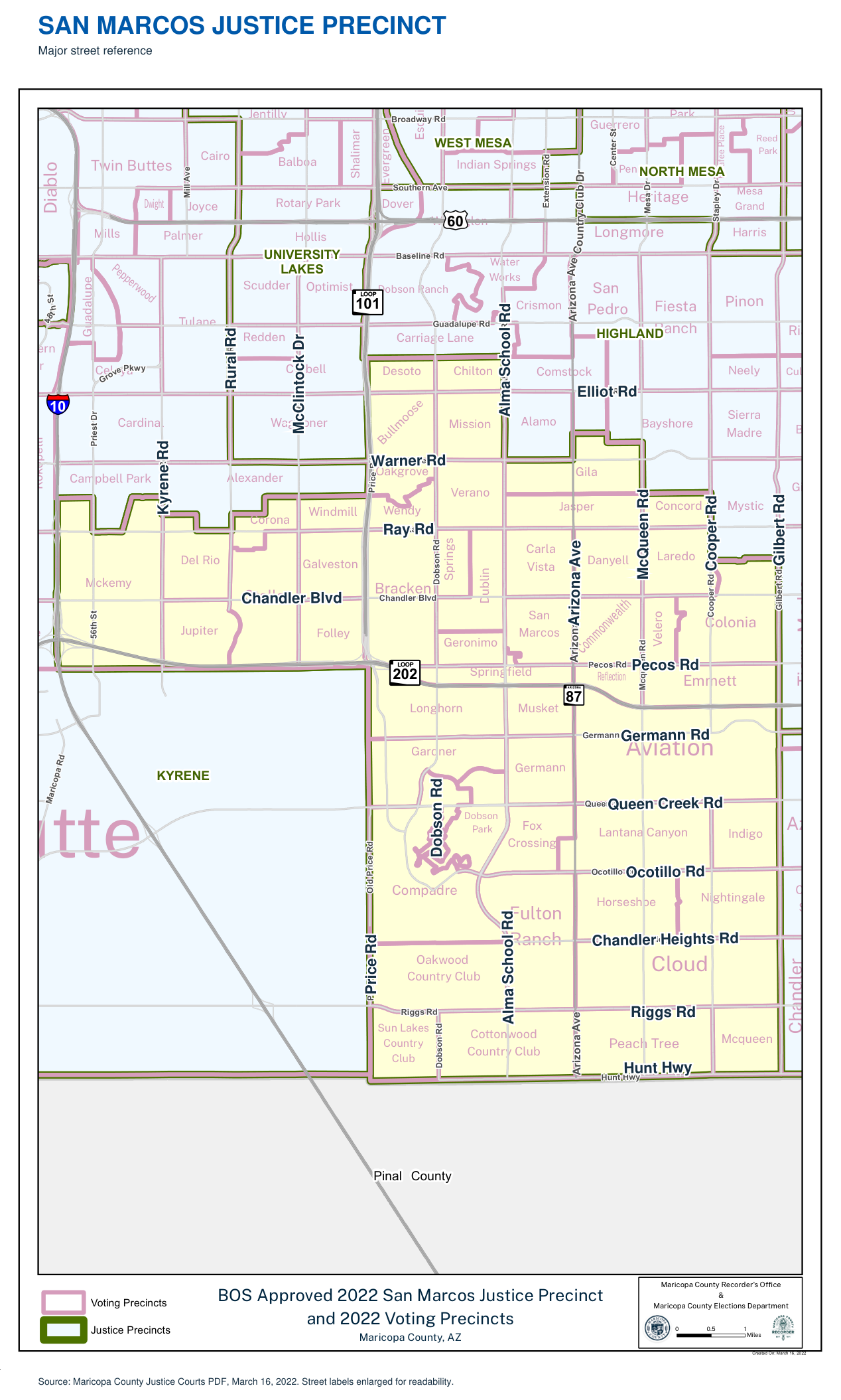 San Marcos Justice Precinct boundaries with enlarged major street names. Source: Maricopa County Justice Courts map dated March 16, 2022.
